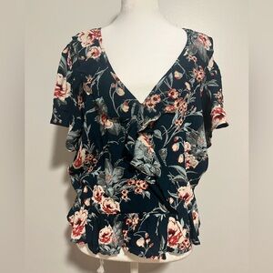 Band of Gypsies Navy Floral Ruffle V-Neck Blouse